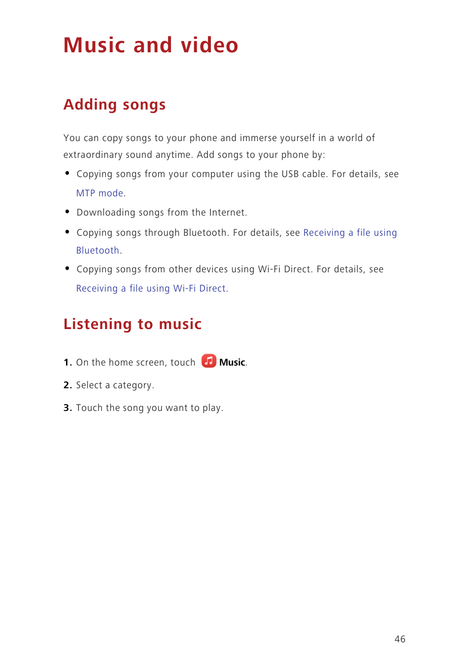 Music and video, Adding songs, Listening to music | Huawei Ascend G7-L01 User Guide User Manual | Page 50 / 84