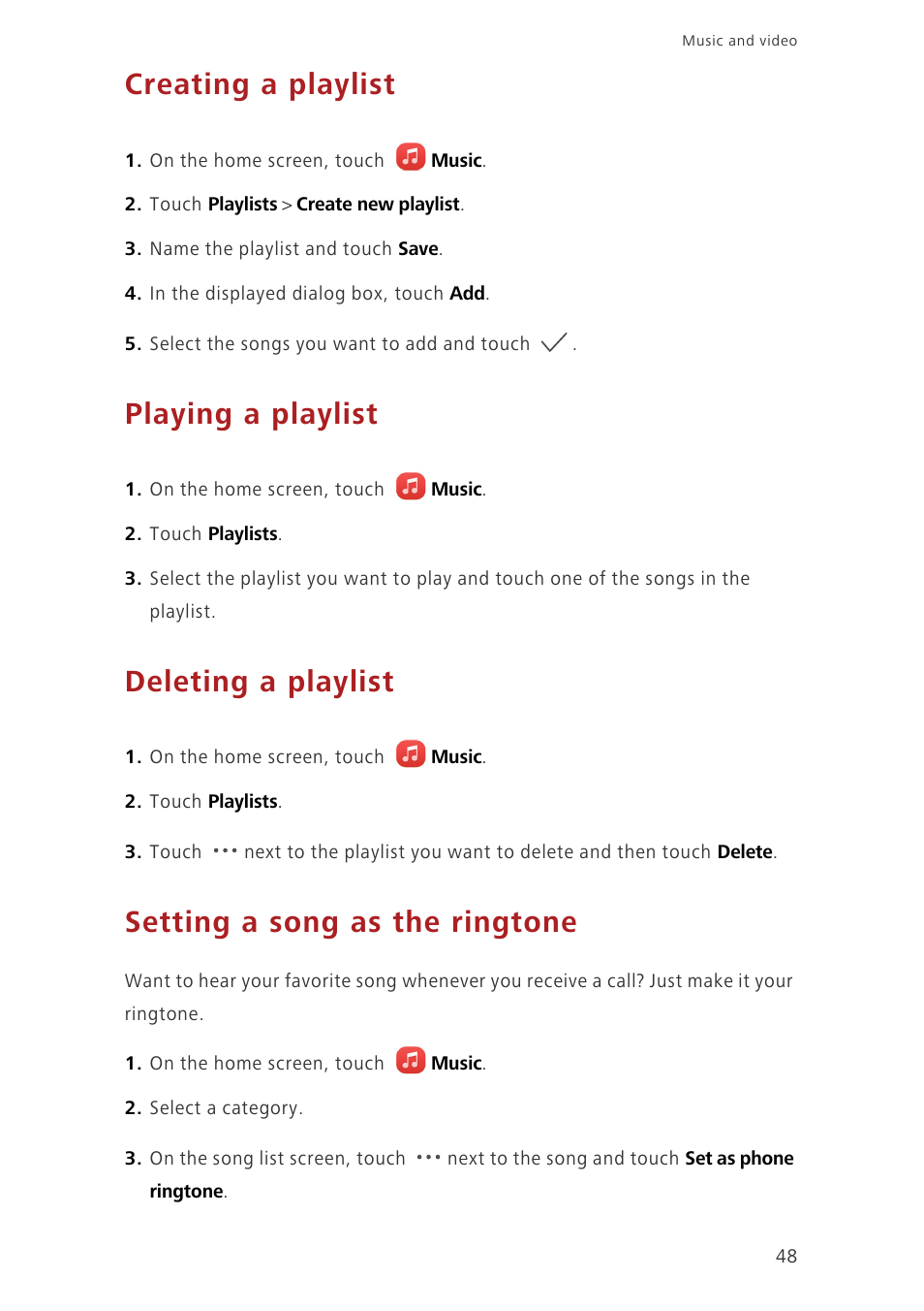 Creating a playlist, Playing a playlist, Deleting a playlist | Setting a song as the ringtone | Huawei Ascend G7-L01 User Guide User Manual | Page 52 / 84