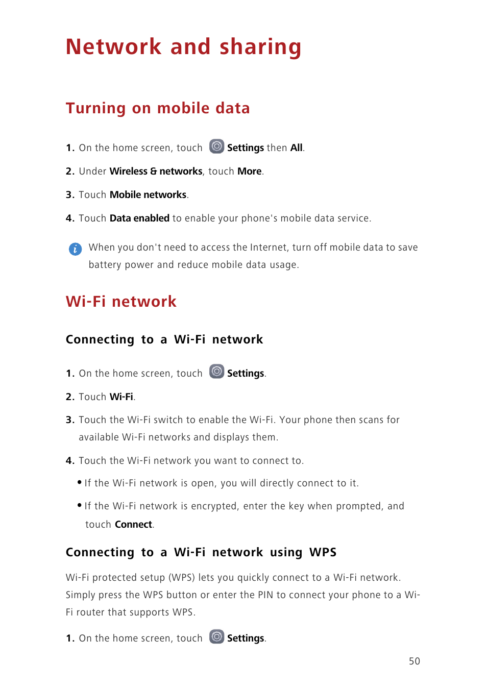 Network and sharing, Turning on mobile data, Wi-fi network | Connecting to a wi-fi network, Connecting to a wi-fi network using wps | Huawei Ascend G7-L01 User Guide User Manual | Page 54 / 84