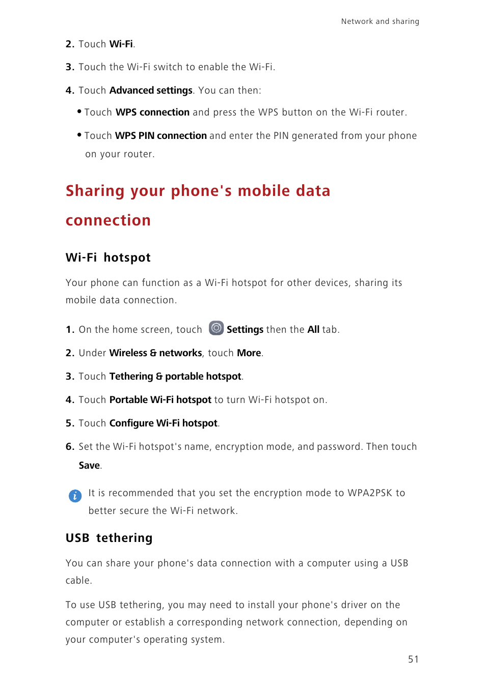 Sharing your phone's mobile data connection, Wi-fi hotspot, Usb tethering | Huawei Ascend G7-L01 User Guide User Manual | Page 55 / 84