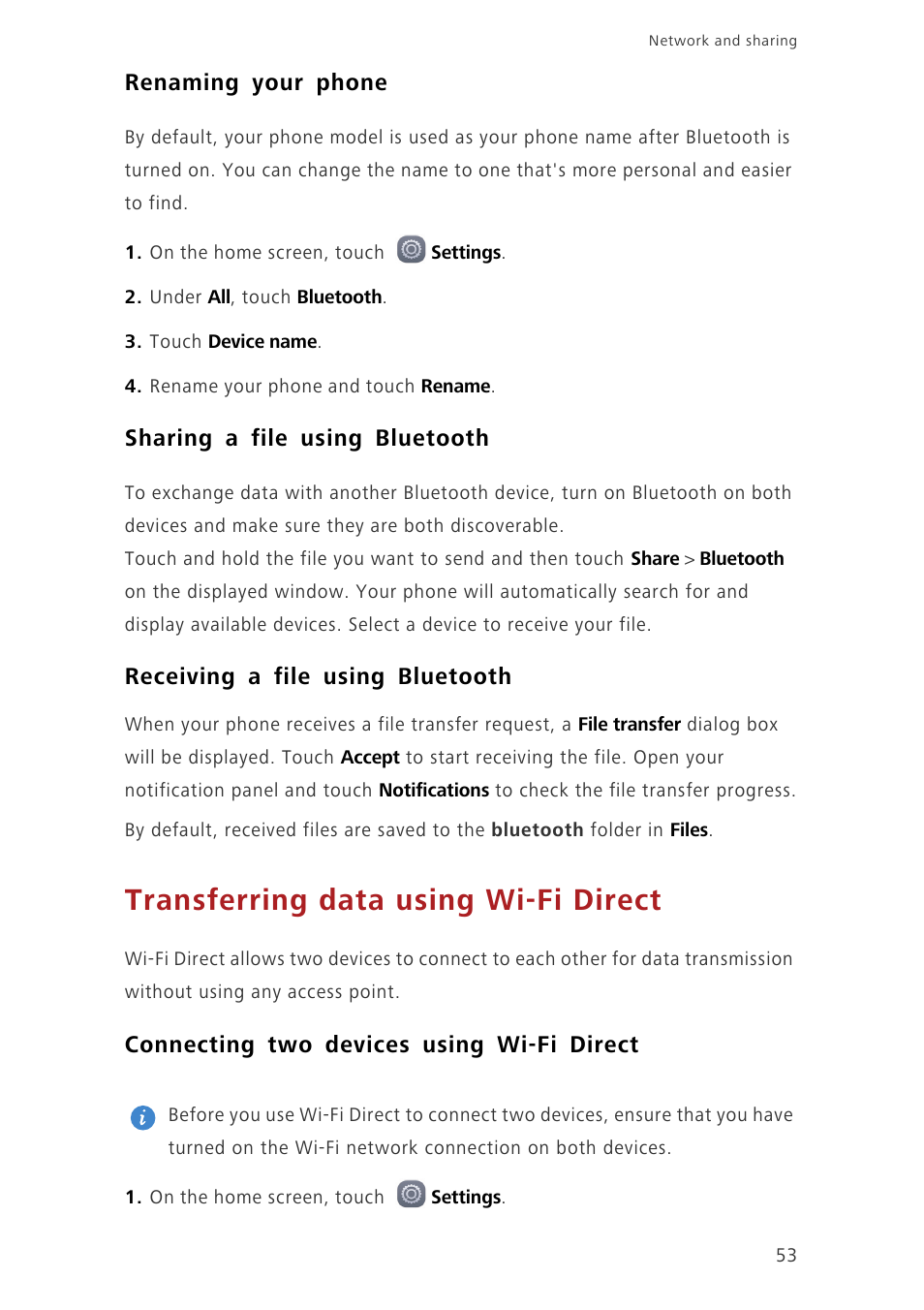 Renaming your phone, Sharing a file using bluetooth, Receiving a file using bluetooth | Transferring data using wi-fi direct, Connecting two devices using wi-fi direct, Receiving a file using, Bluetooth | Huawei Ascend G7-L01 User Guide User Manual | Page 57 / 84