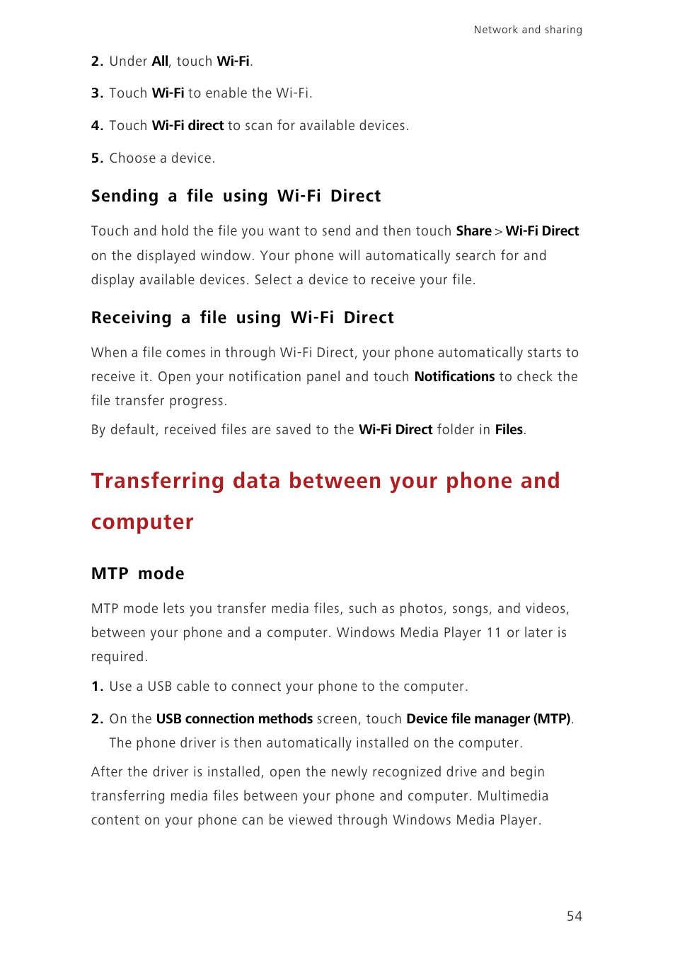 Sending a file using wi-fi direct, Receiving a file using wi-fi direct, Transferring data between your phone and computer | Mtp mode | Huawei Ascend G7-L01 User Guide User Manual | Page 58 / 84