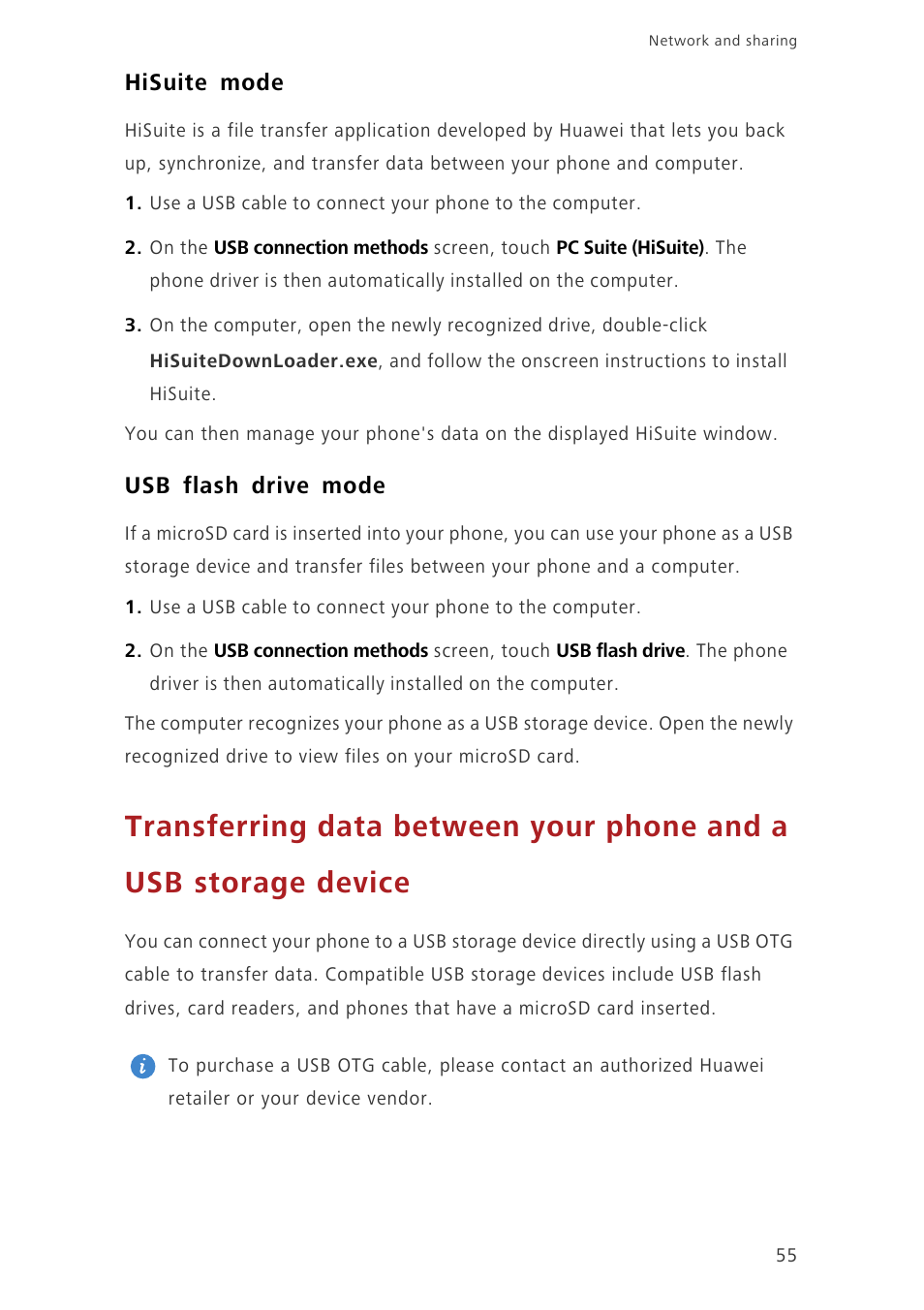 Hisuite mode, Usb flash drive mode | Huawei Ascend G7-L01 User Guide User Manual | Page 59 / 84