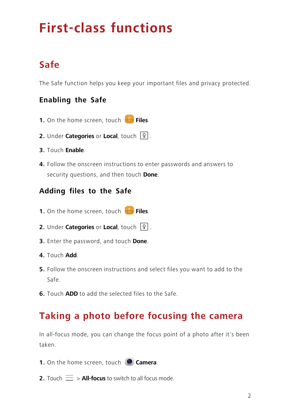 First-class functions, Safe, Enabling the safe | Adding files to the safe, Taking a photo before focusing the camera | Huawei Ascend G7-L01 User Guide User Manual | Page 6 / 84