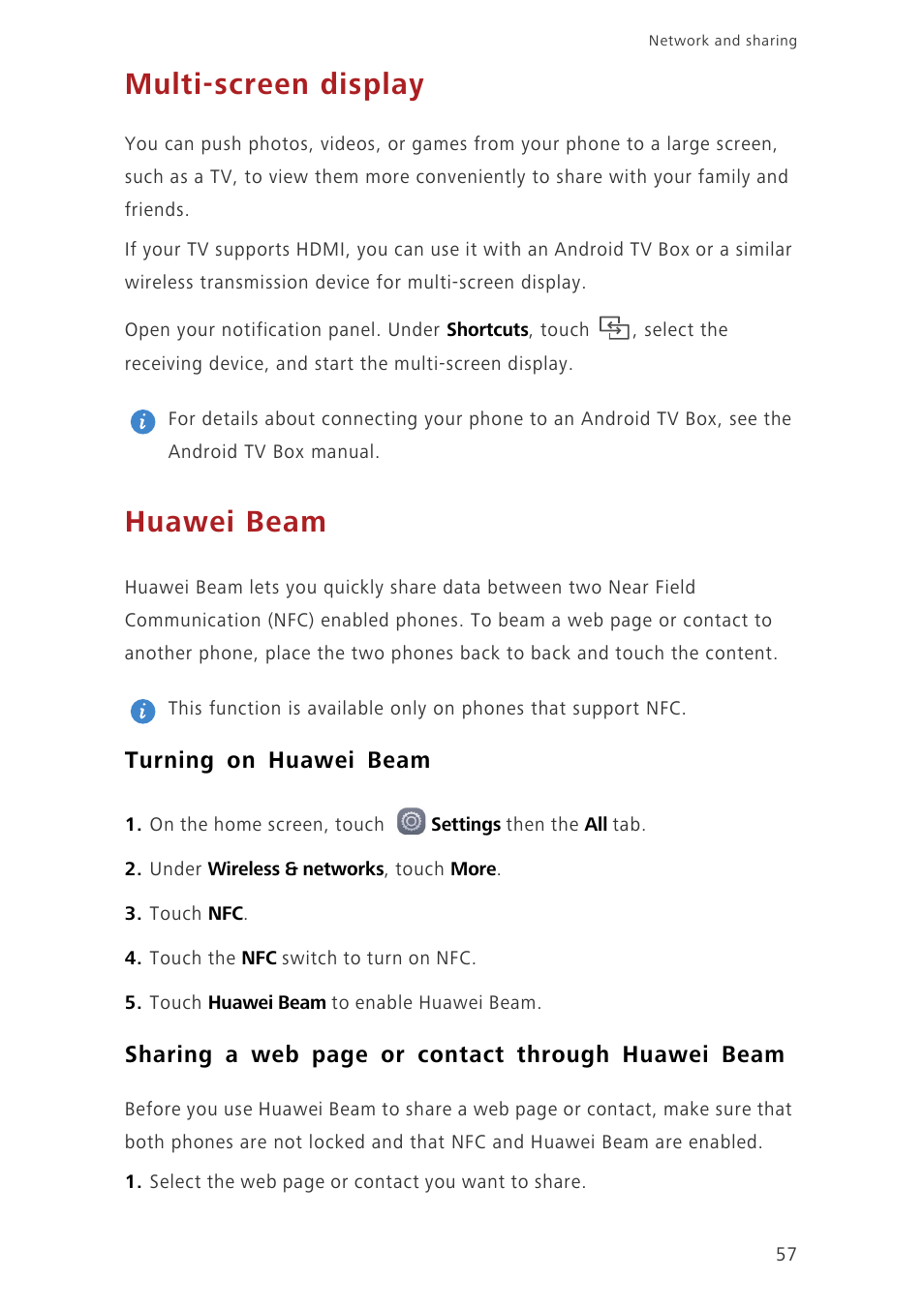 Multi-screen display, Huawei beam, Turning on huawei beam | Sharing a web page or contact through huawei beam | Huawei Ascend G7-L01 User Guide User Manual | Page 61 / 84