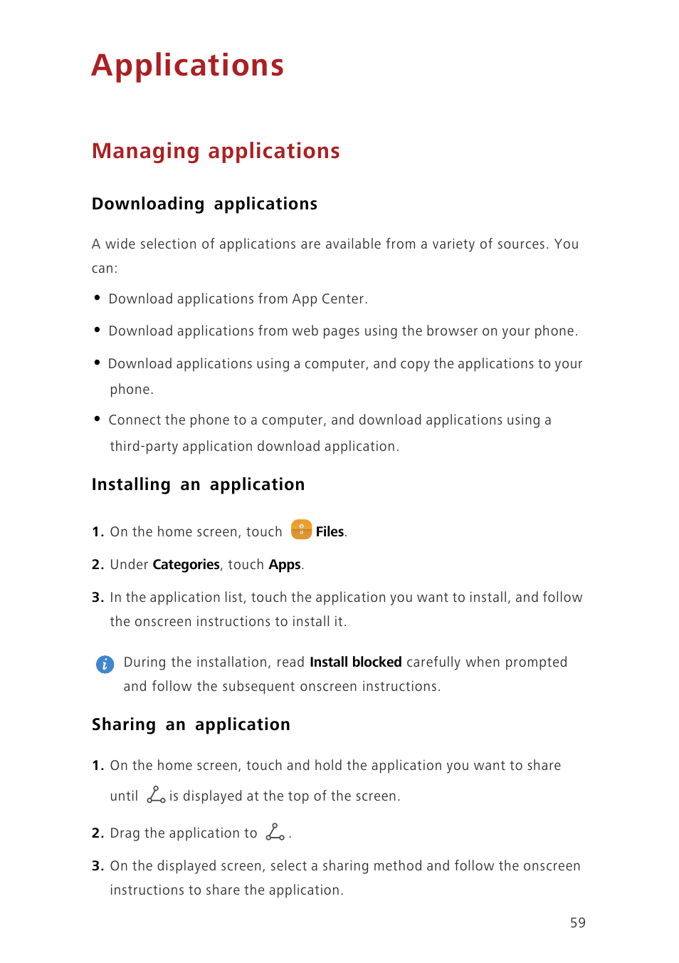 Applications, Managing applications, Downloading applications | Installing an application, Sharing an application | Huawei Ascend G7-L01 User Guide User Manual | Page 63 / 84