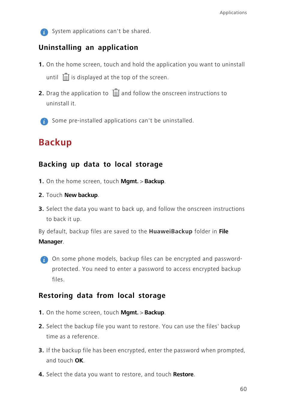 Uninstalling an application, Backup, Backing up data to local storage | Restoring data from local storage | Huawei Ascend G7-L01 User Guide User Manual | Page 64 / 84