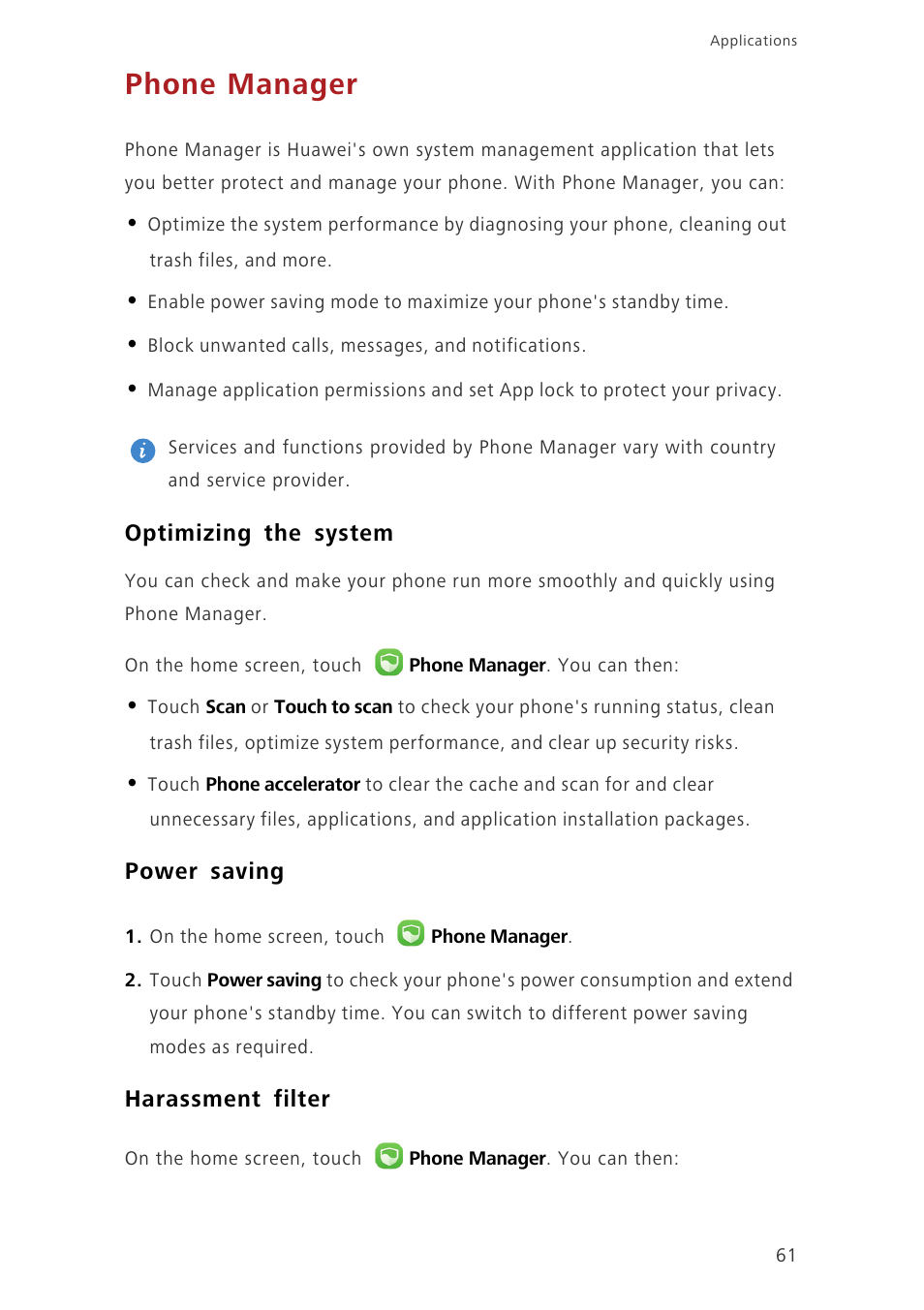 Phone manager, Optimizing the system, Power saving | Harassment filter | Huawei Ascend G7-L01 User Guide User Manual | Page 65 / 84