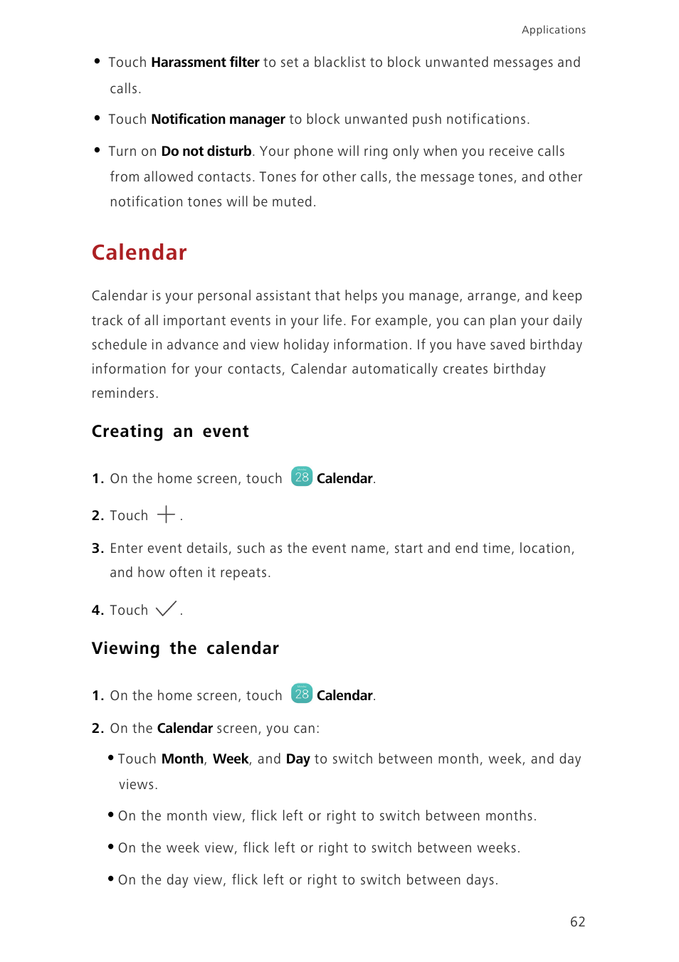 Calendar, Creating an event, Viewing the calendar | Huawei Ascend G7-L01 User Guide User Manual | Page 66 / 84