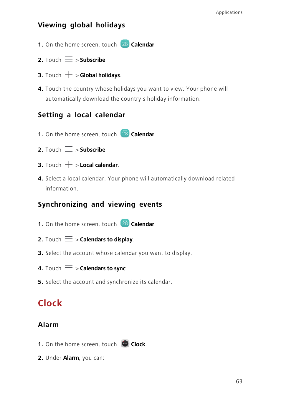 Viewing global holidays, Setting a local calendar, Synchronizing and viewing events | Clock, Alarm | Huawei Ascend G7-L01 User Guide User Manual | Page 67 / 84