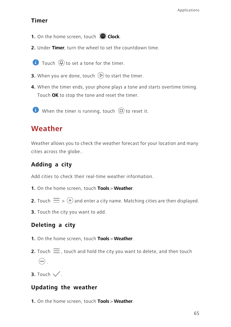 Timer, Weather, Adding a city | Deleting a city, Updating the weather | Huawei Ascend G7-L01 User Guide User Manual | Page 69 / 84