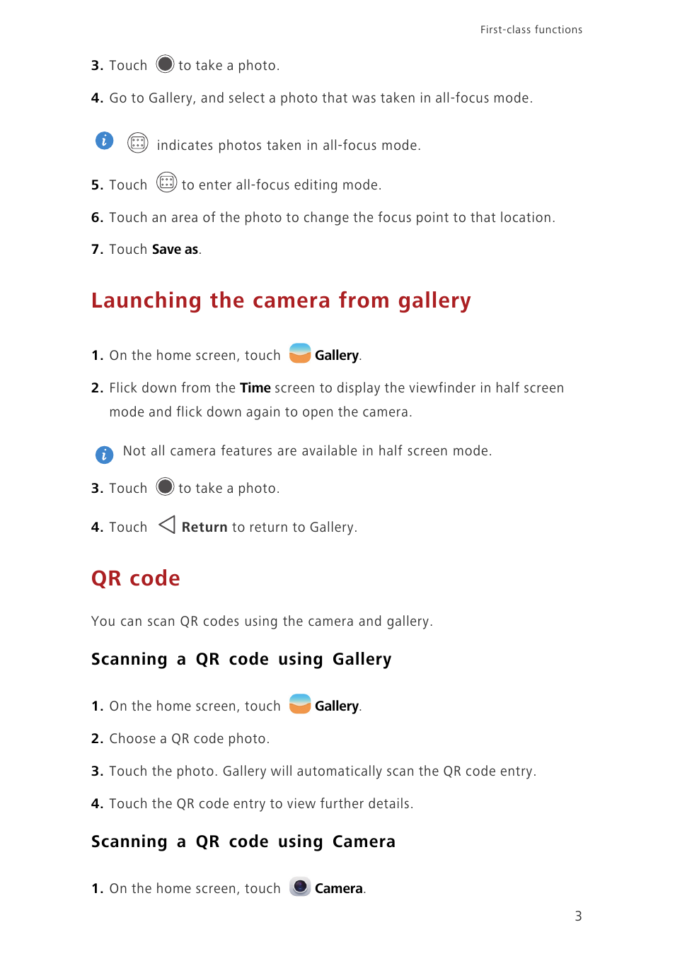 Launching the camera from gallery, Qr code, Scanning a qr code using gallery | Scanning a qr code using camera | Huawei Ascend G7-L01 User Guide User Manual | Page 7 / 84