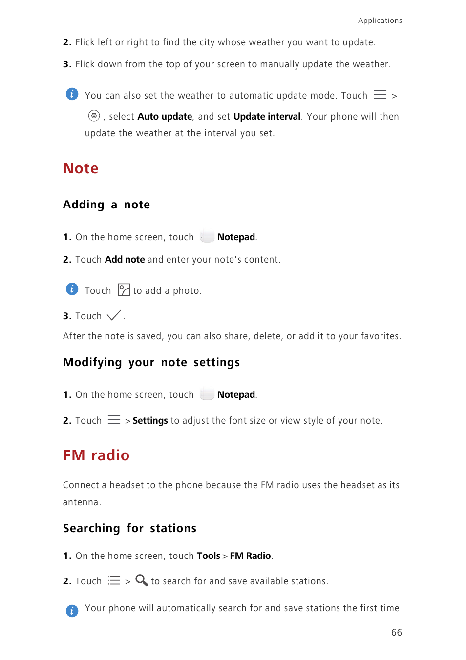 Note, Adding a note, Modifying your note settings | Fm radio, Searching for stations | Huawei Ascend G7-L01 User Guide User Manual | Page 70 / 84