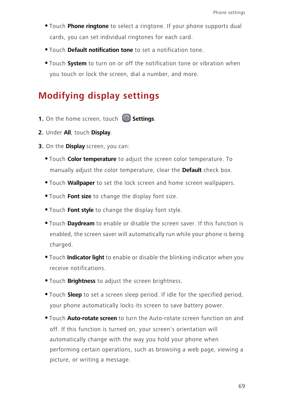 Modifying display settings | Huawei Ascend G7-L01 User Guide User Manual | Page 73 / 84