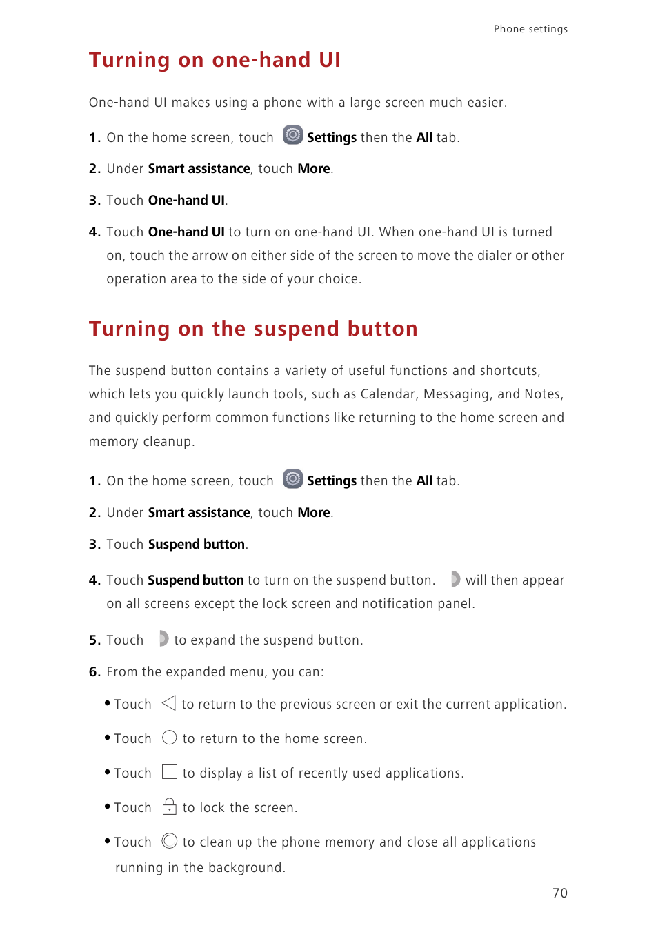Turning on one-hand ui, Turning on the suspend button | Huawei Ascend G7-L01 User Guide User Manual | Page 74 / 84