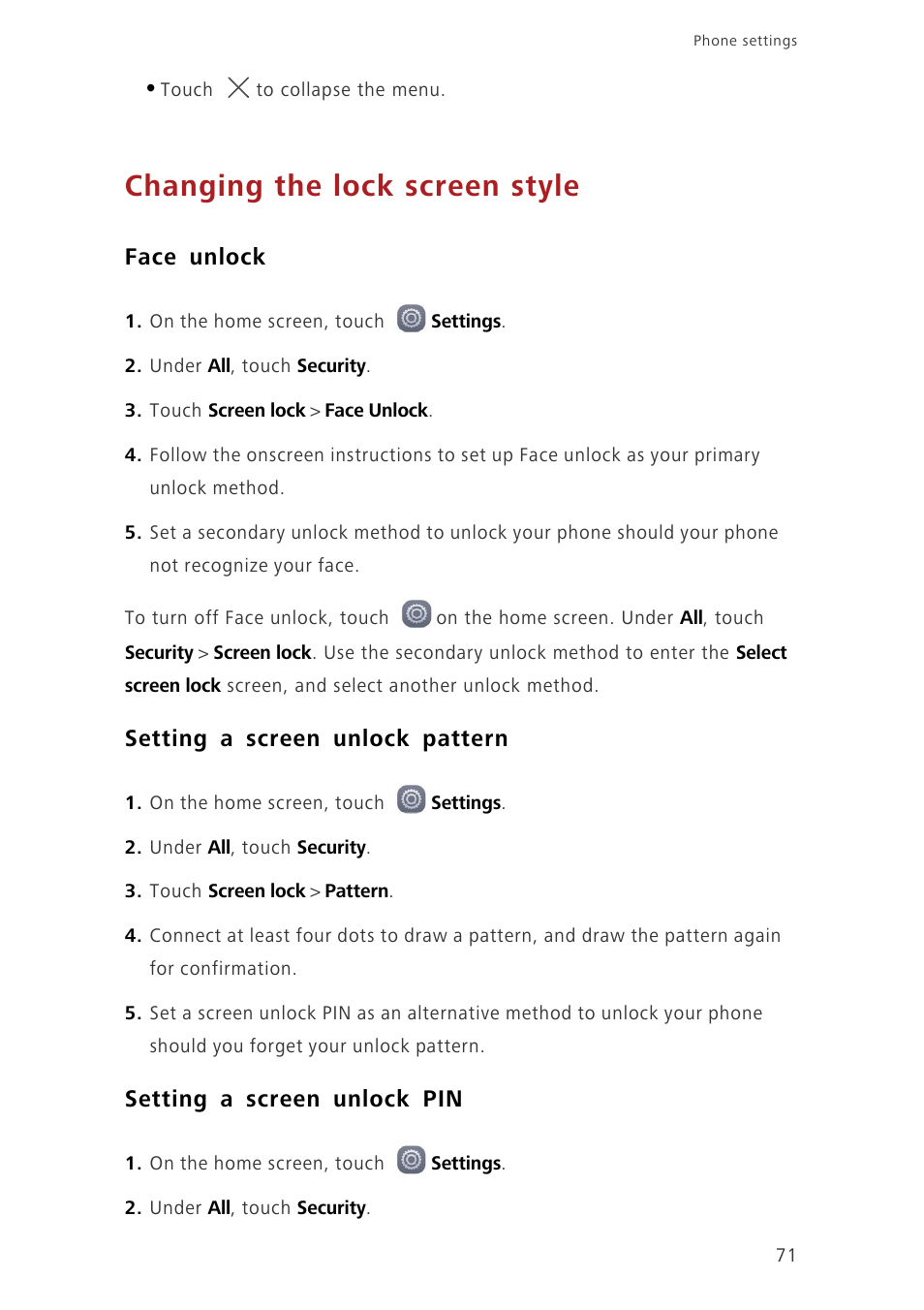 Changing the lock screen style, Face unlock, Setting a screen unlock pattern | Setting a screen unlock pin | Huawei Ascend G7-L01 User Guide User Manual | Page 75 / 84