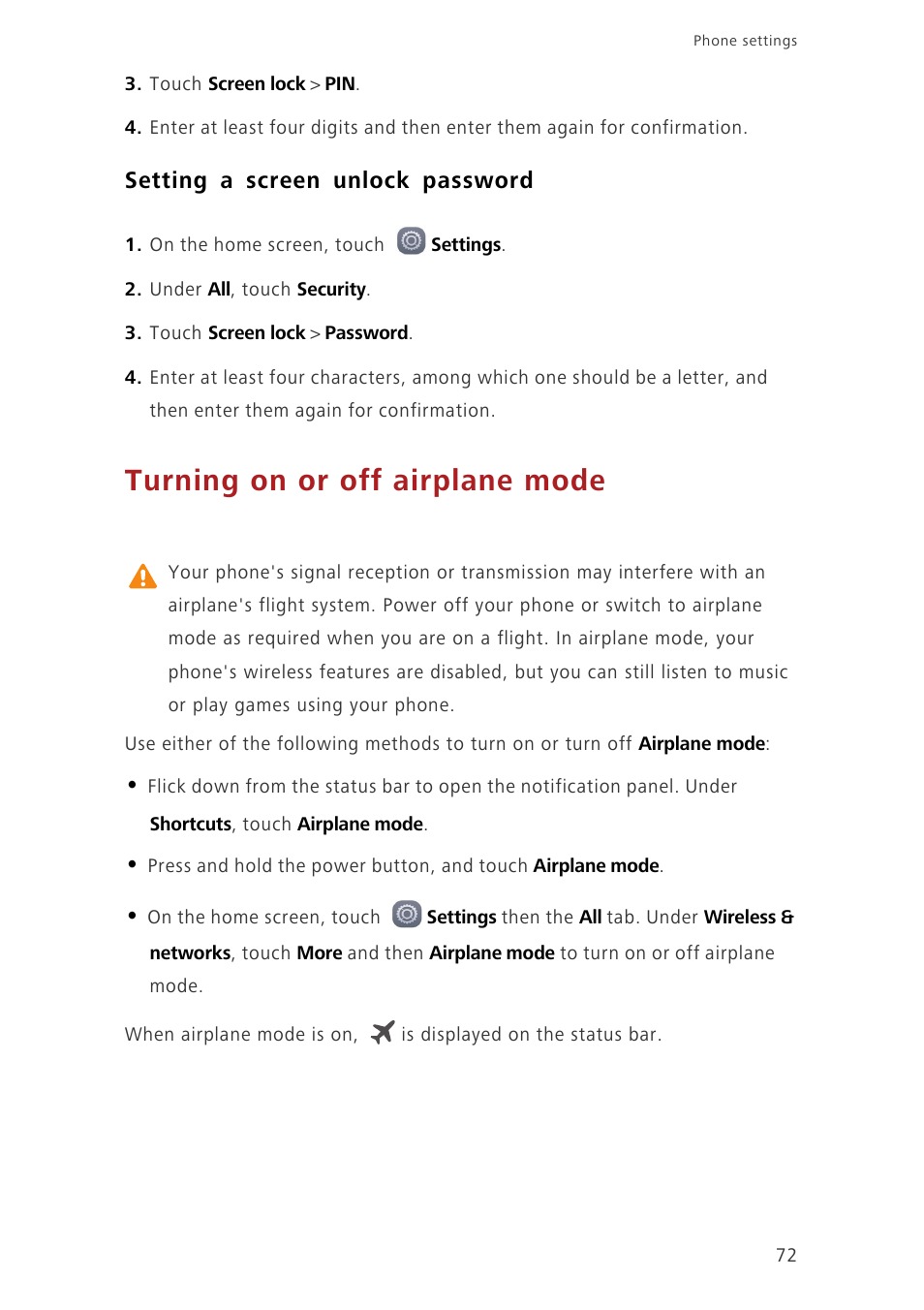 Setting a screen unlock password, Turning on or off airplane mode | Huawei Ascend G7-L01 User Guide User Manual | Page 76 / 84