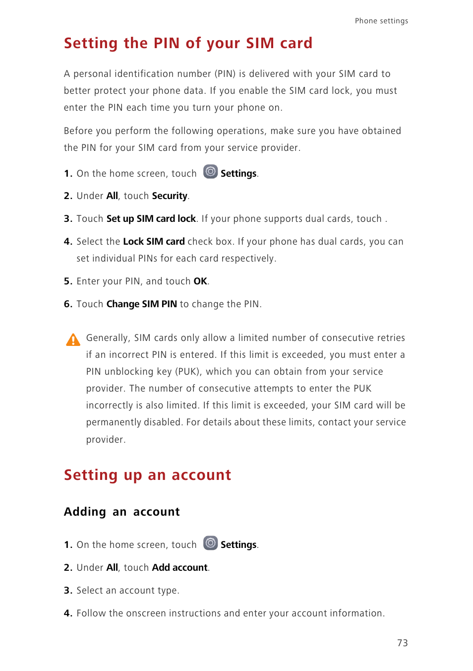 Setting the pin of your sim card, Setting up an account, Adding an account | Huawei Ascend G7-L01 User Guide User Manual | Page 77 / 84