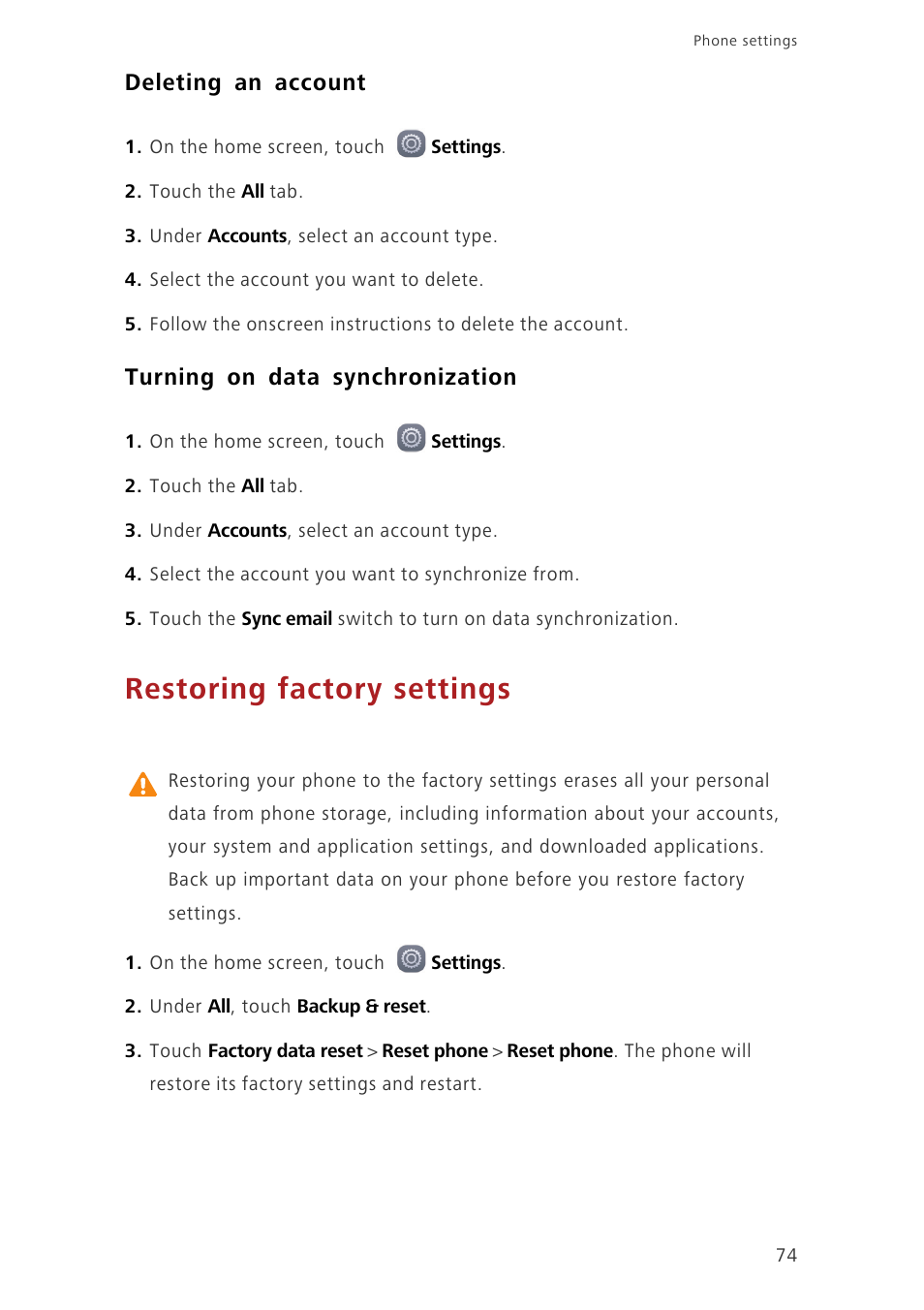 Deleting an account, Turning on data synchronization, Restoring factory settings | Huawei Ascend G7-L01 User Guide User Manual | Page 78 / 84