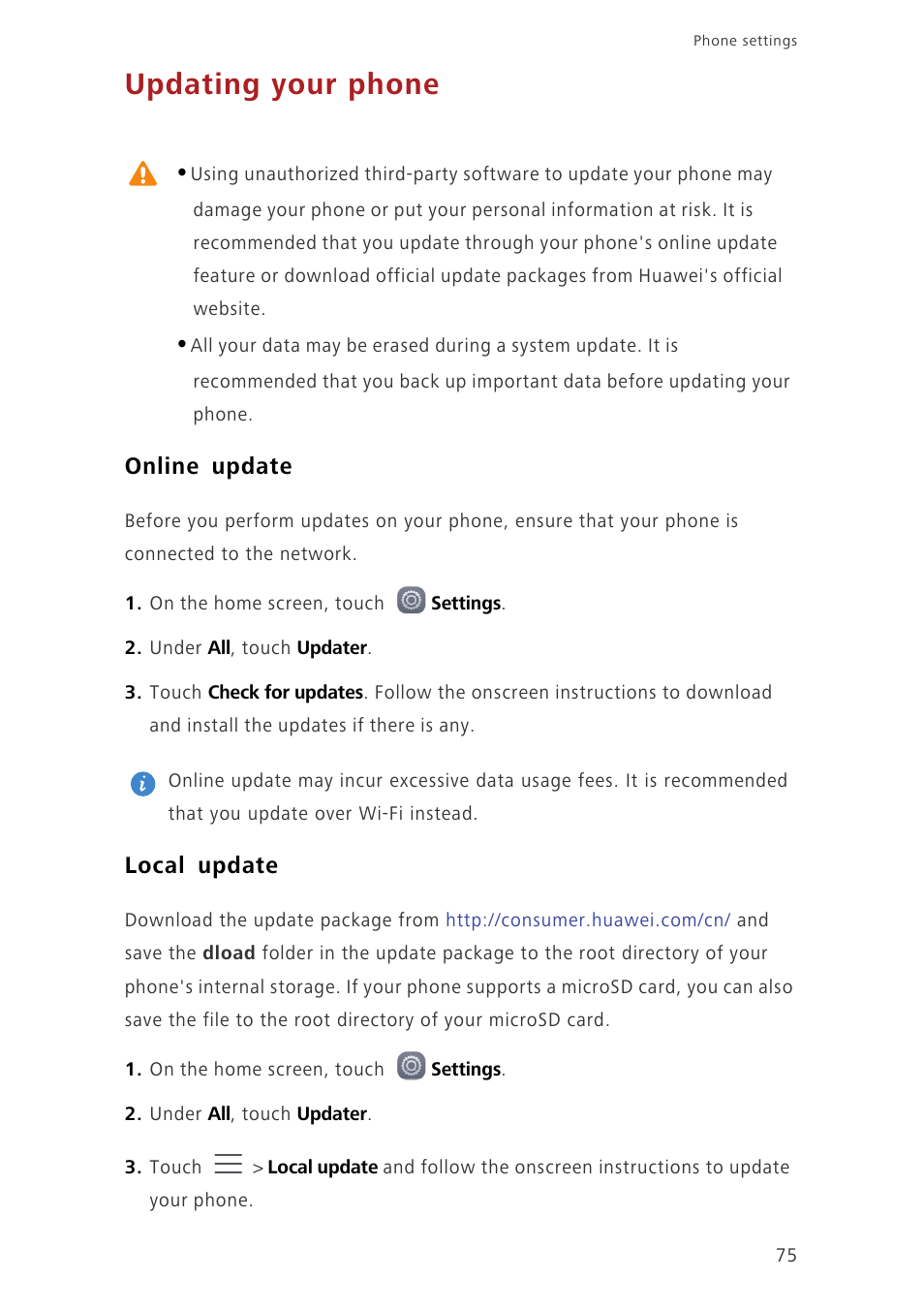 Updating your phone, Online update, Local update | Huawei Ascend G7-L01 User Guide User Manual | Page 79 / 84