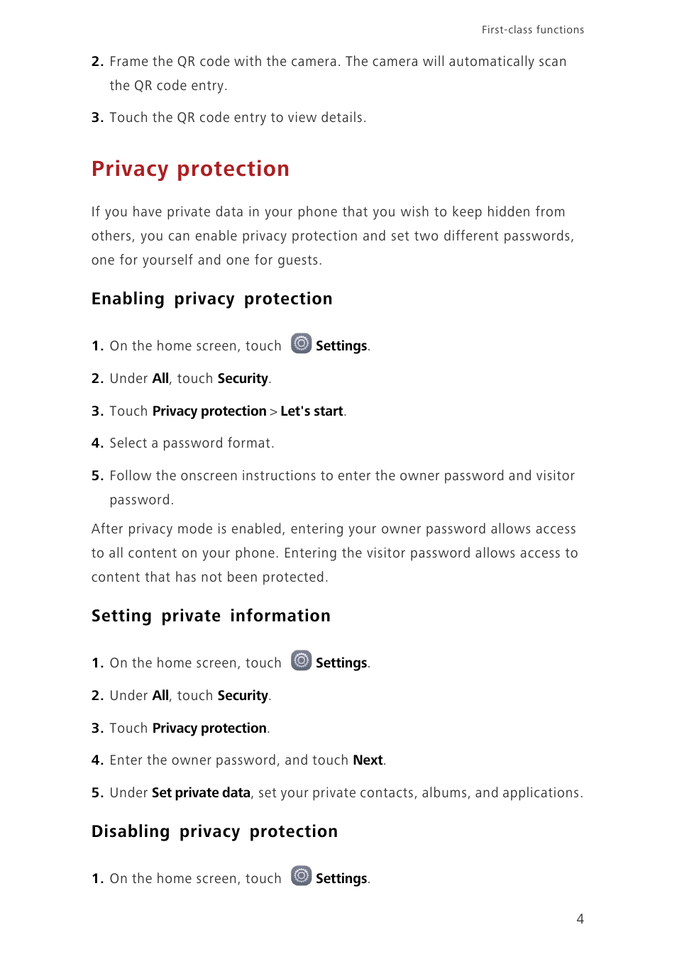 Privacy protection, Enabling privacy protection, Setting private information | Disabling privacy protection | Huawei Ascend G7-L01 User Guide User Manual | Page 8 / 84