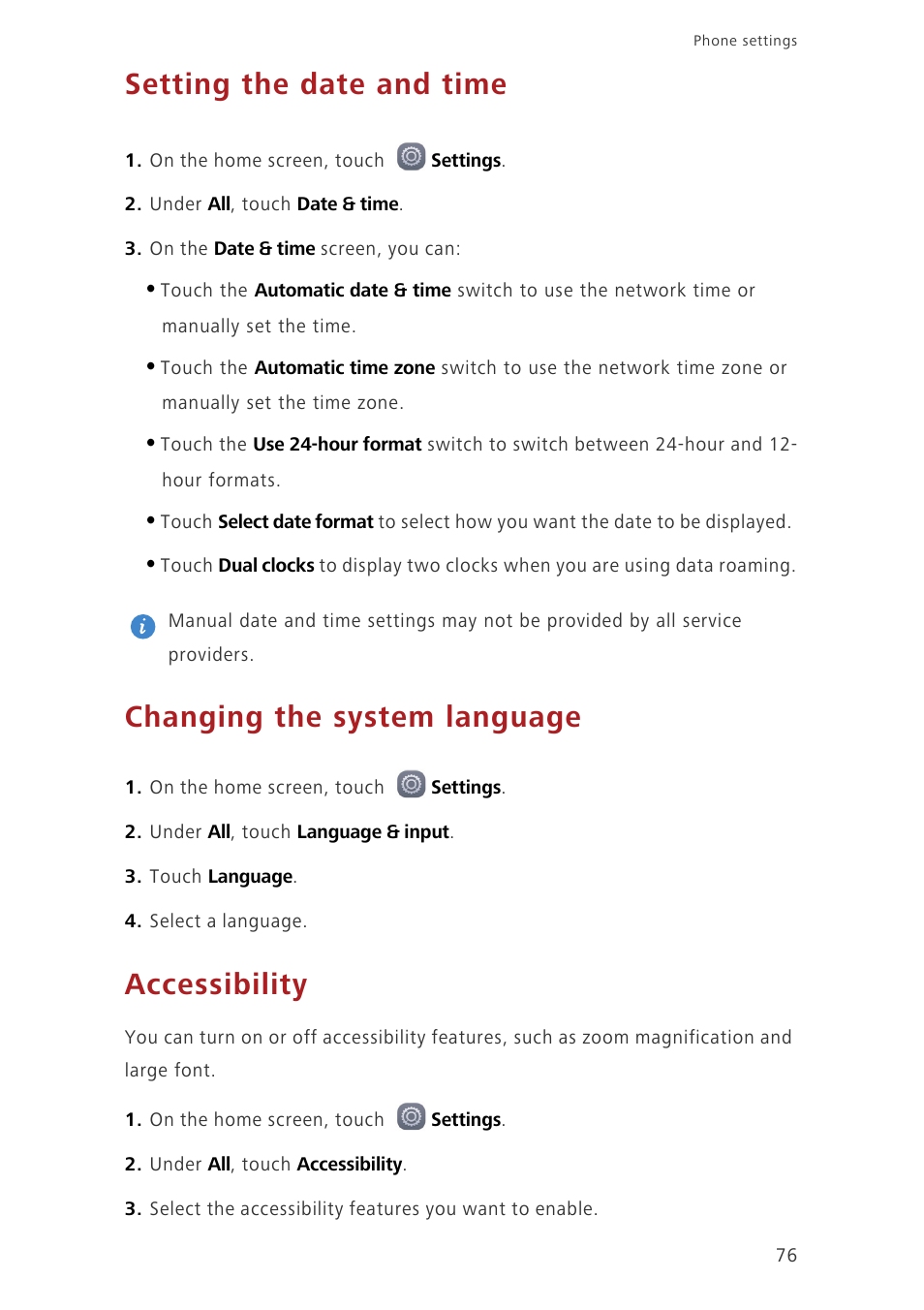 Setting the date and time, Changing the system language, Accessibility | Huawei Ascend G7-L01 User Guide User Manual | Page 80 / 84