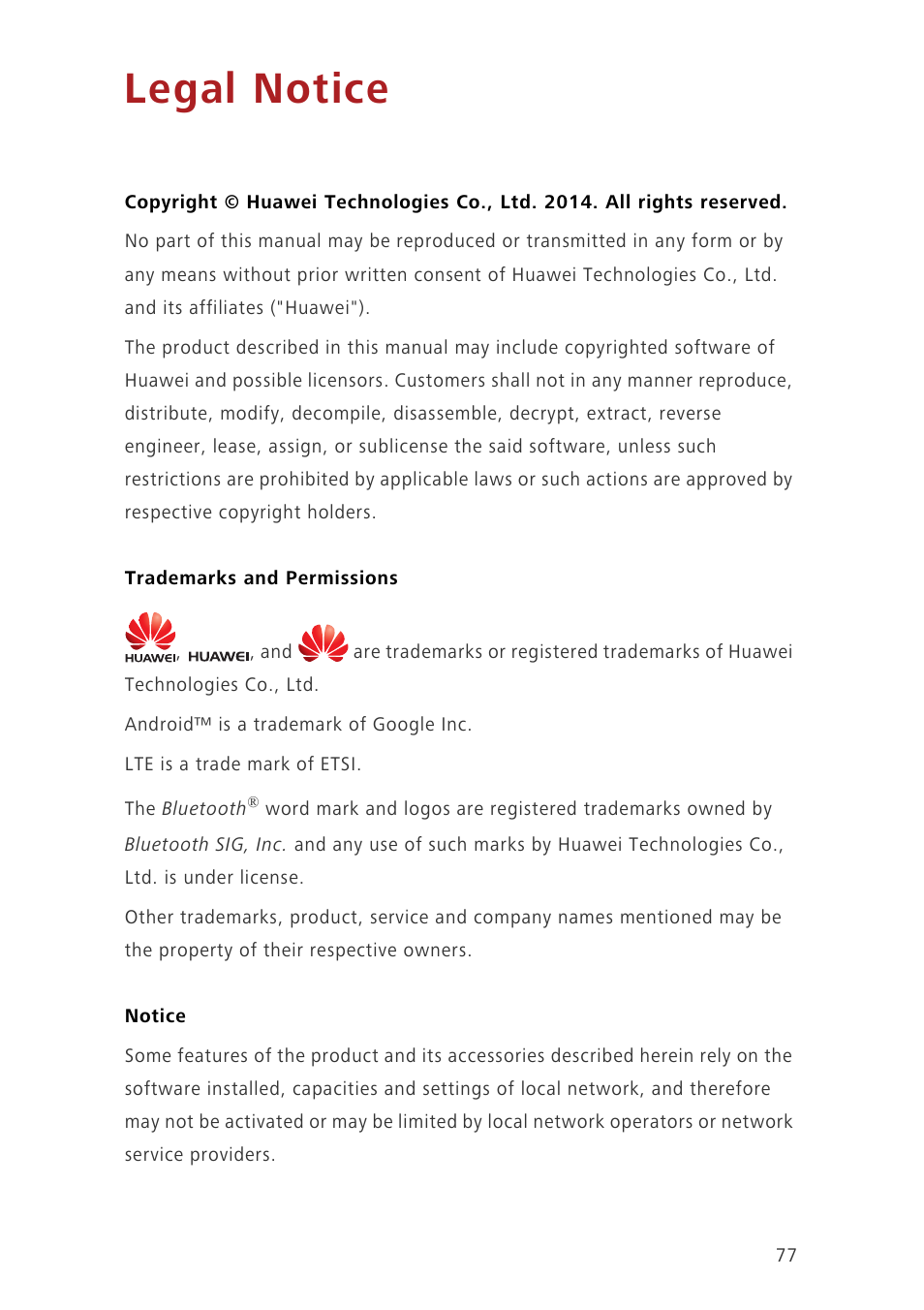 Legal notice, Trademarks and permissions, Notice | Huawei Ascend G7-L01 User Guide User Manual | Page 81 / 84