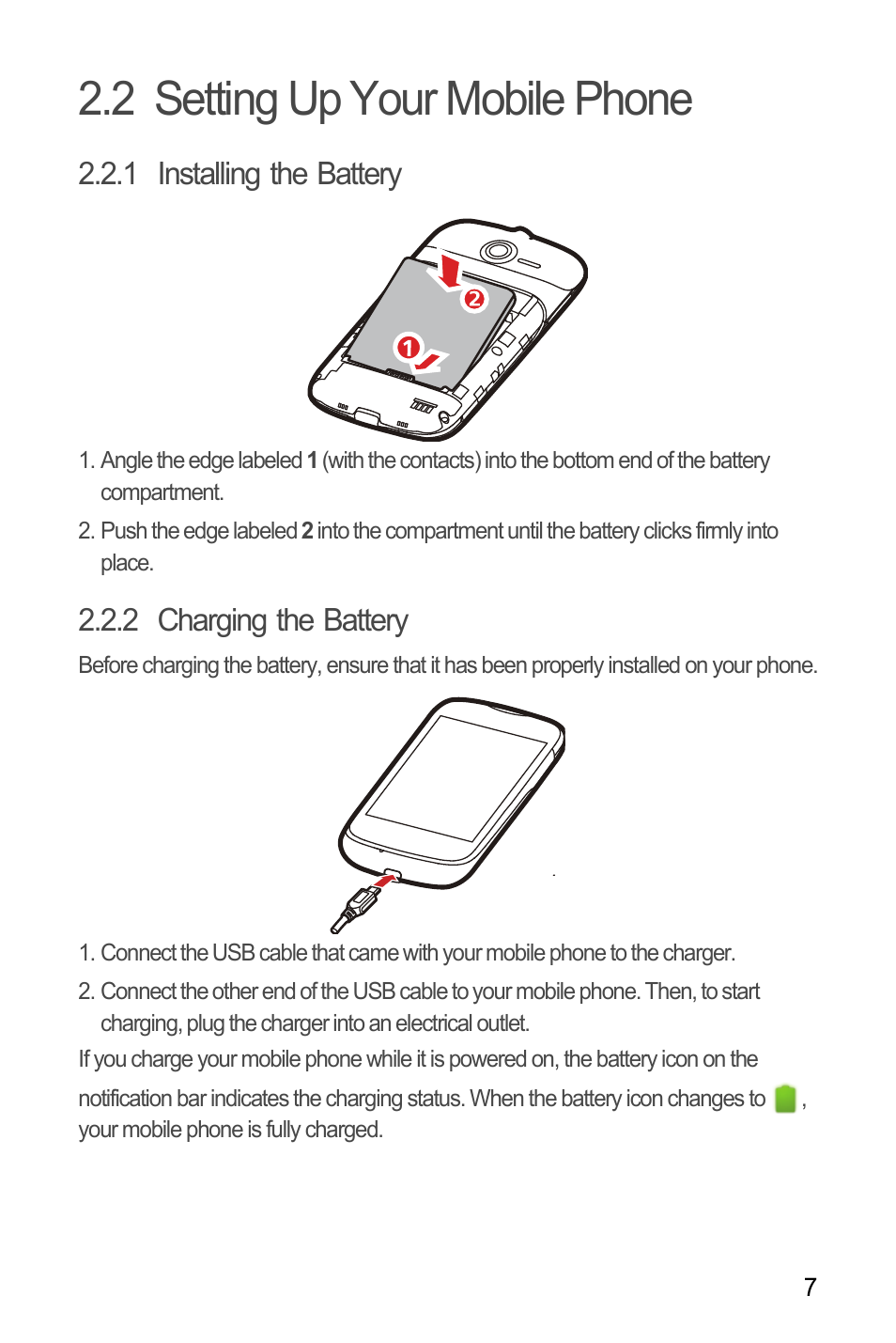 2 setting up your mobile phone, 1 installing the battery, 2 charging the battery | Huawei H866C User Manual | Page 13 / 70