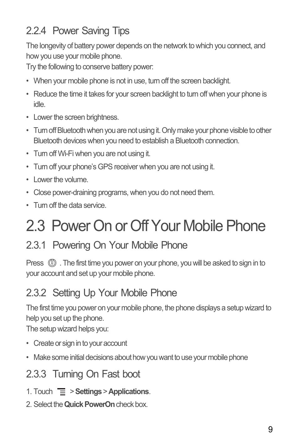 4 power saving tips, 3 power on or off your mobile phone, 1 powering on your mobile phone | 2 setting up your mobile phone, 3 turning on fast boot | Huawei H866C User Manual | Page 15 / 70