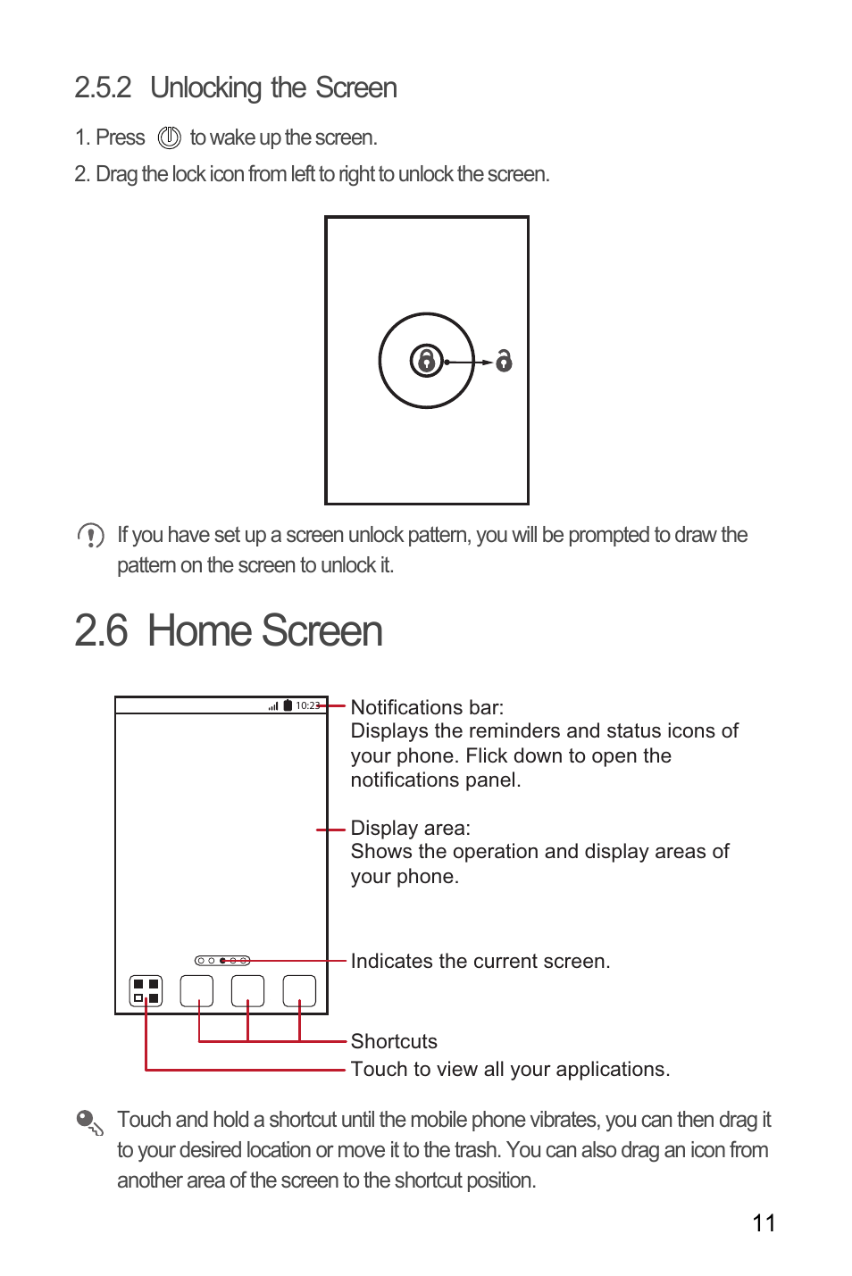 2 unlocking the screen, 6 home screen | Huawei H866C User Manual | Page 17 / 70