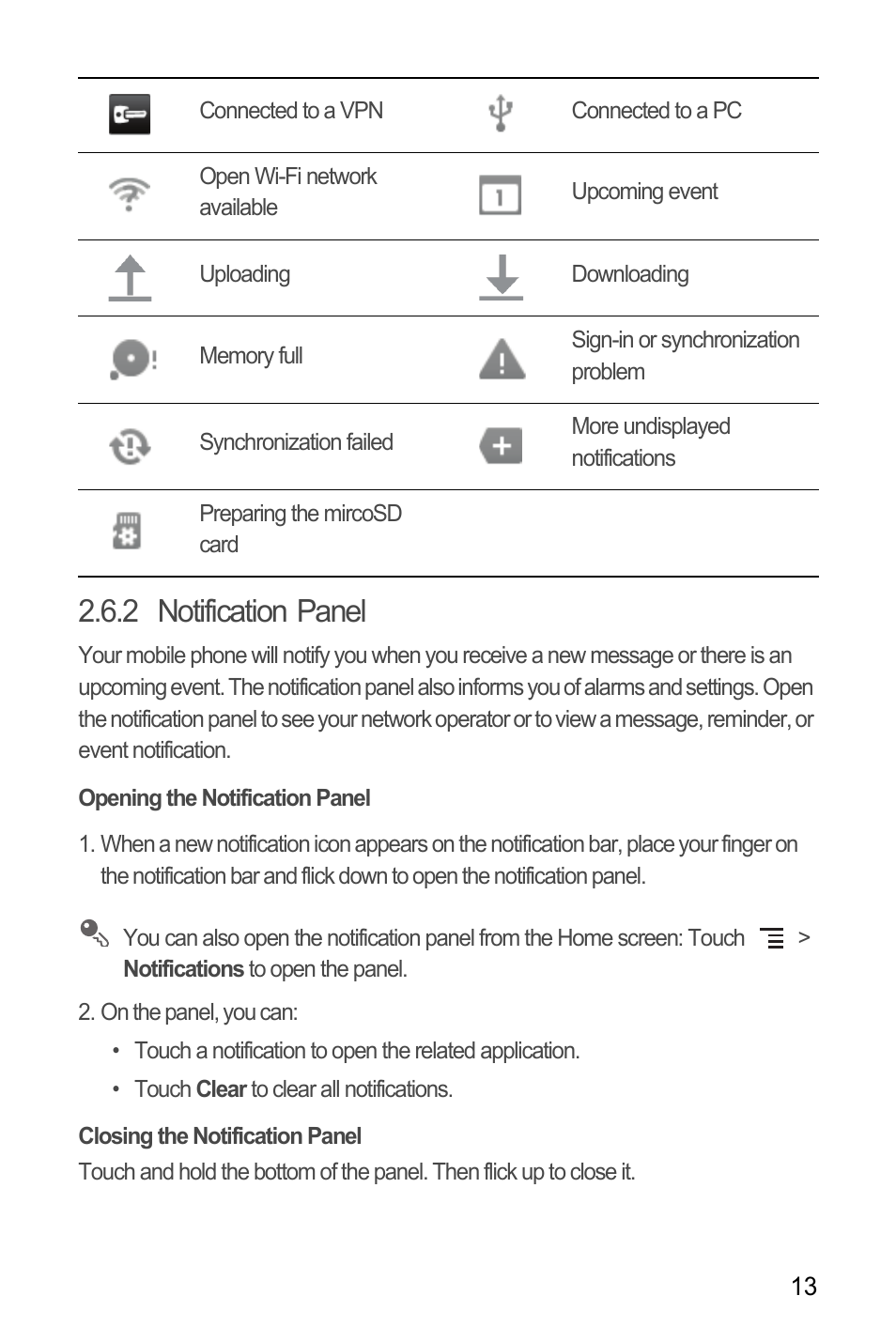 2 notification panel, Opening the notification panel, Closing the notification panel | Huawei H866C User Manual | Page 19 / 70