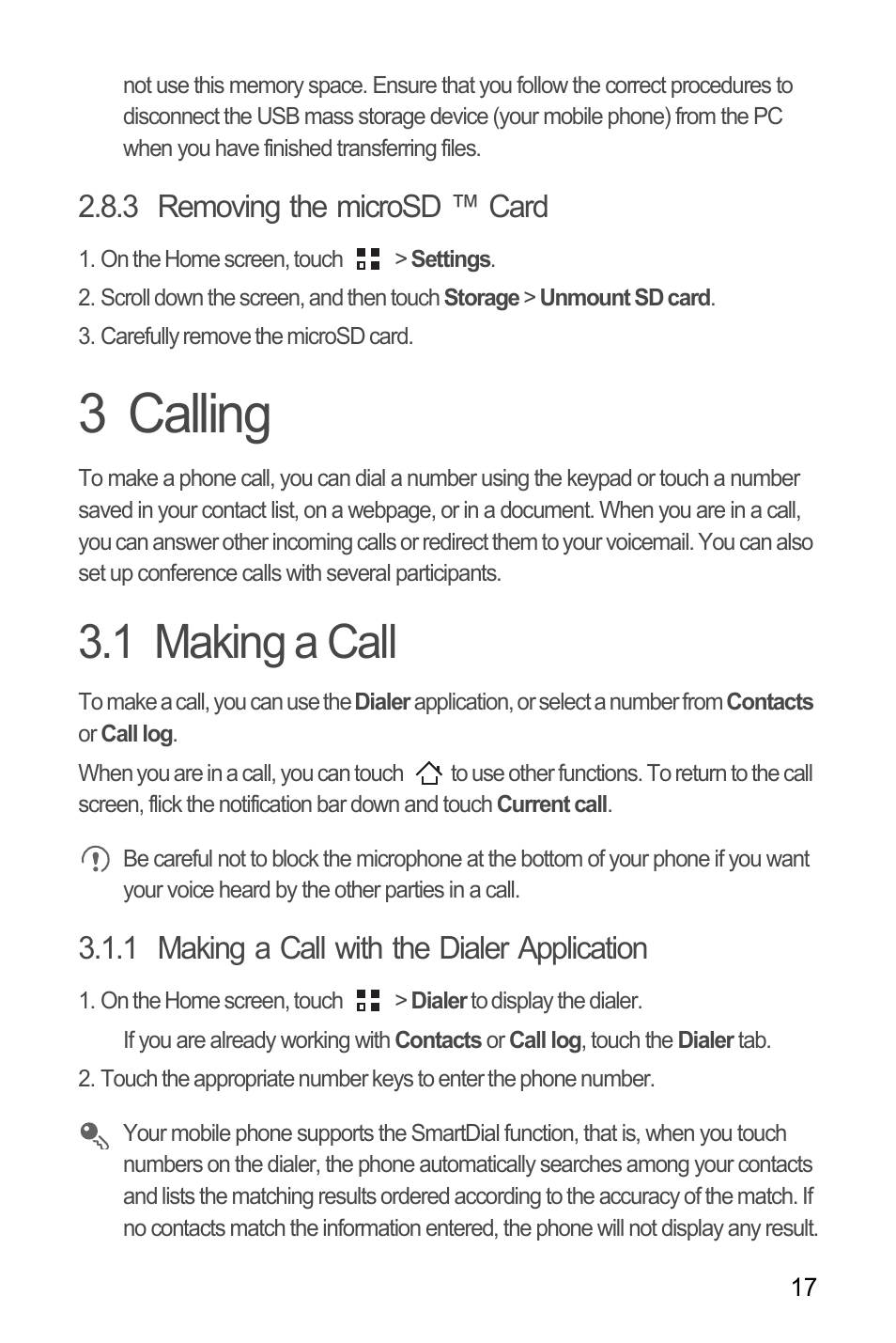 3 removing the microsd ™ card, 3 calling, 1 making a call | 1 making a call with the dialer application | Huawei H866C User Manual | Page 23 / 70