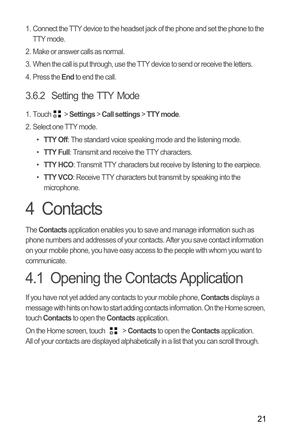 2 setting the tty mode, 4 contacts, 1 opening the contacts application | Huawei H866C User Manual | Page 27 / 70