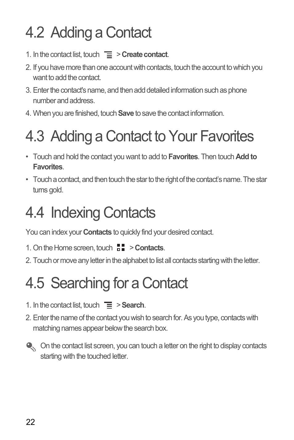 2 adding a contact, 3 adding a contact to your favorites, 4 indexing contacts | 5 searching for a contact | Huawei H866C User Manual | Page 28 / 70