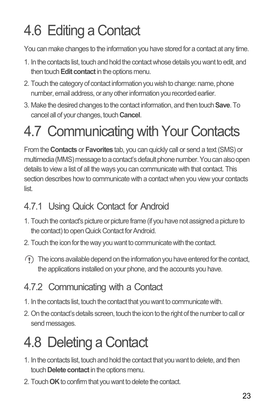 6 editing a contact, 7 communicating with your contacts, 1 using quick contact for android | 2 communicating with a contact, 8 deleting a contact, Communicating with your contacts | Huawei H866C User Manual | Page 29 / 70
