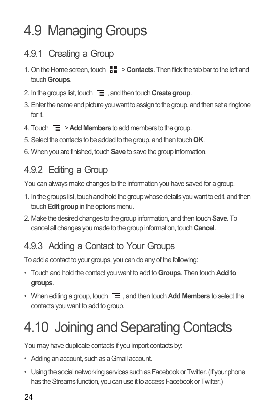 9 managing groups, 1 creating a group, 2 editing a group | 3 adding a contact to your groups, 10 joining and separating contacts | Huawei H866C User Manual | Page 30 / 70