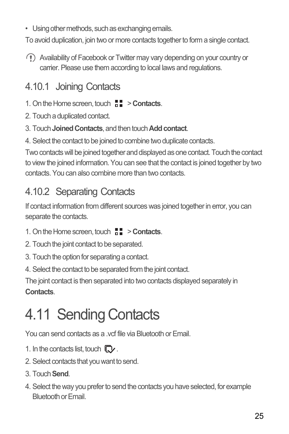 1 joining contacts, 2 separating contacts, 11 sending contacts | Huawei H866C User Manual | Page 31 / 70