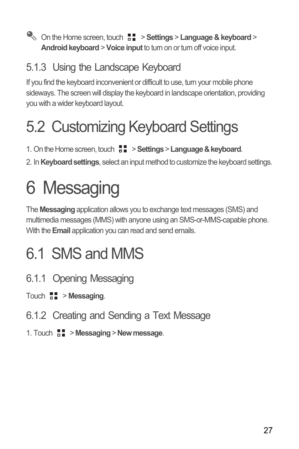 3 using the landscape keyboard, 2 customizing keyboard settings, 6 messaging | 1 sms and mms, 1 opening messaging, 2 creating and sending a text message | Huawei H866C User Manual | Page 33 / 70