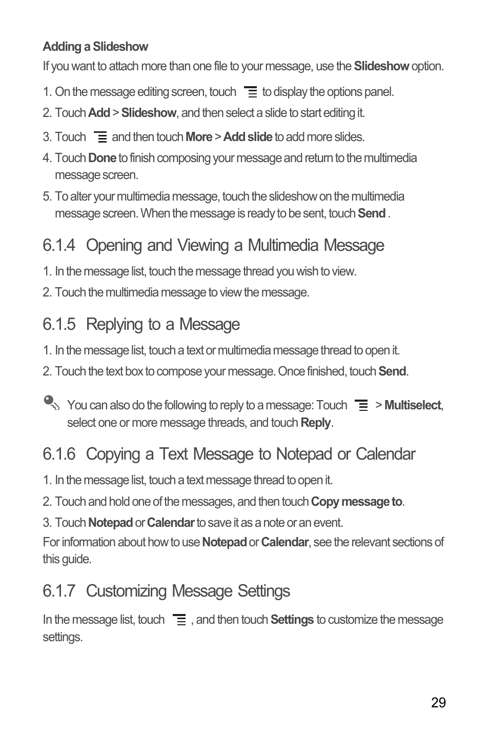 Adding a slideshow, 4 opening and viewing a multimedia message, 5 replying to a message | 6 copying a text message to notepad or calendar, 7 customizing message settings | Huawei H866C User Manual | Page 35 / 70
