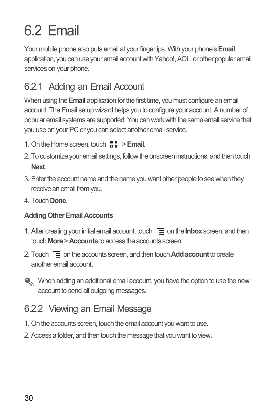 2 email, 1 adding an email account, Adding other email accounts | 2 viewing an email message | Huawei H866C User Manual | Page 36 / 70