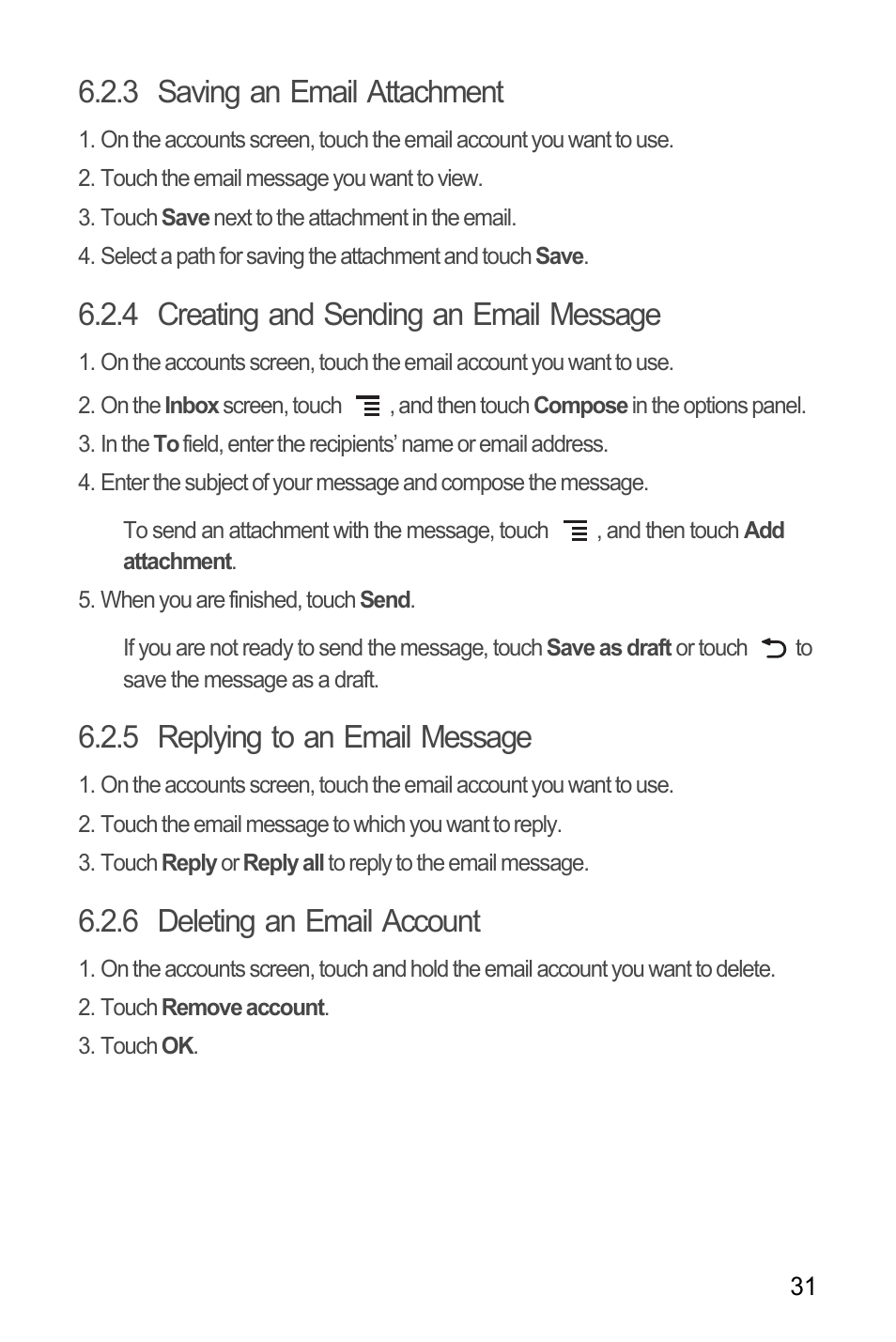 3 saving an email attachment, 4 creating and sending an email message, 5 replying to an email message | 6 deleting an email account | Huawei H866C User Manual | Page 37 / 70