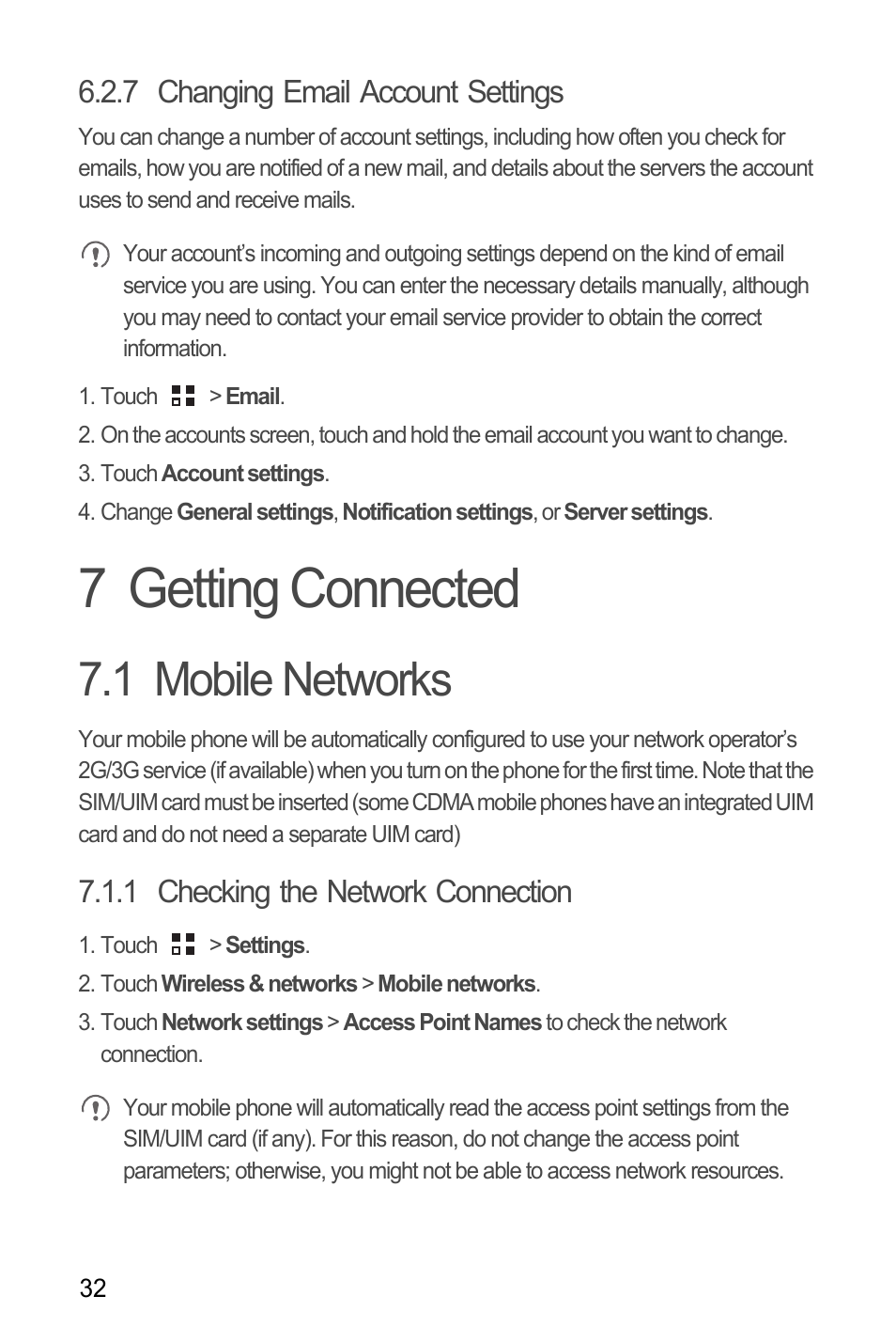 7 changing email account settings, 7 getting connected, 1 mobile networks | 1 checking the network connection | Huawei H866C User Manual | Page 38 / 70