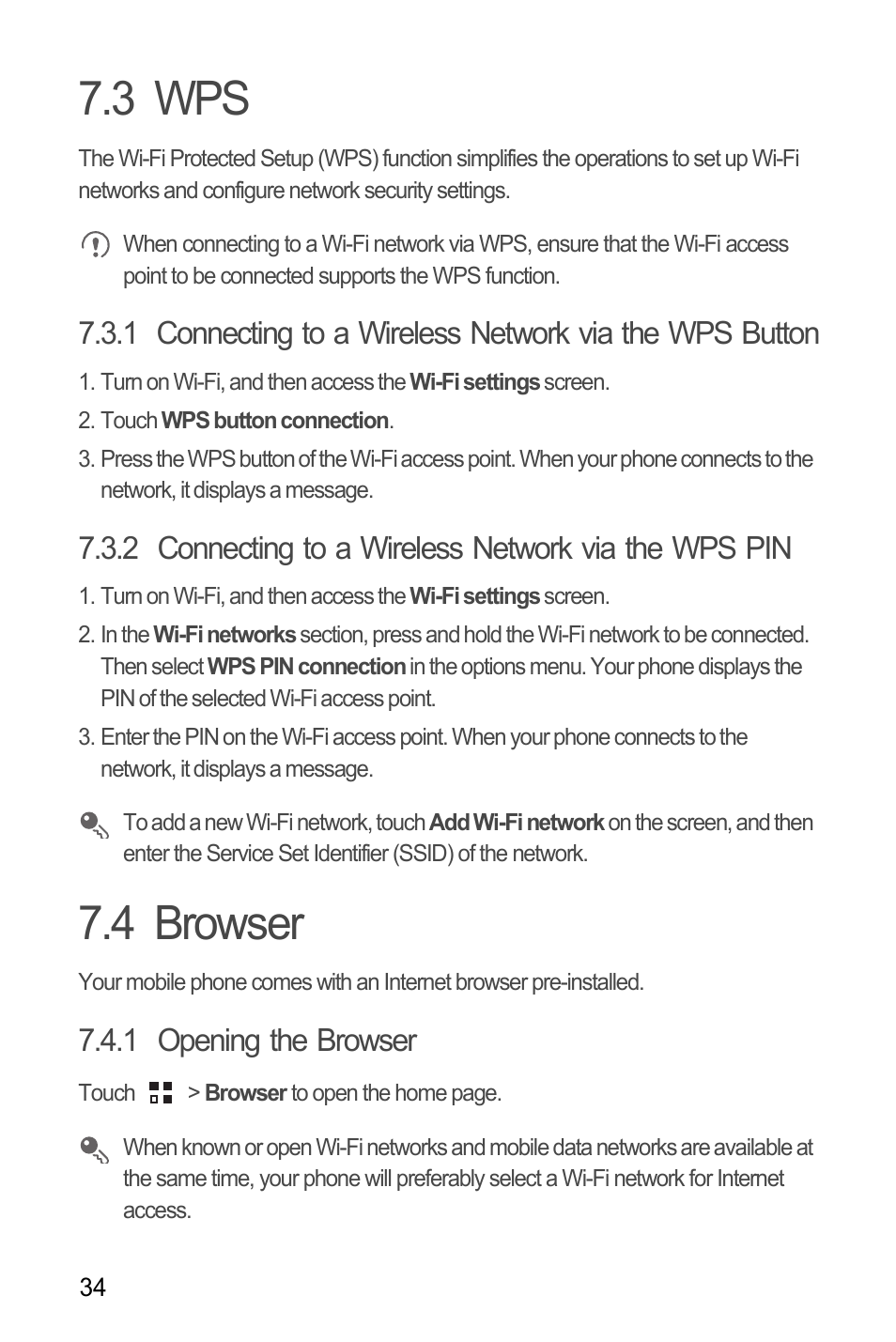 3 wps, 2 connecting to a wireless network via the wps pin, 4 browser | 1 opening the browser, 3 wps 7.4 browser | Huawei H866C User Manual | Page 40 / 70