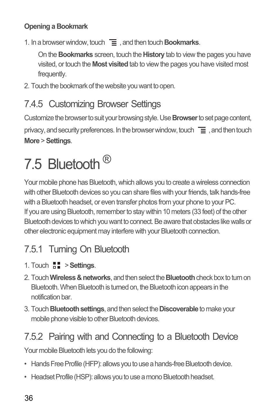 Opening a bookmark, 5 customizing browser settings, 5 bluetooth | 1 turning on bluetooth, Bluetooth | Huawei H866C User Manual | Page 42 / 70