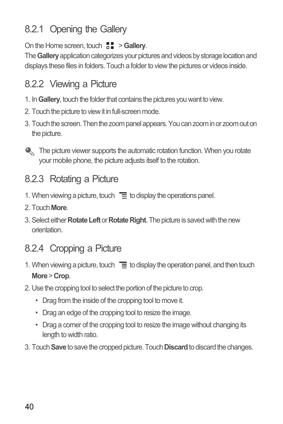 1 opening the gallery, 2 viewing a picture, 3 rotating a picture | 4 cropping a picture | Huawei H866C User Manual | Page 46 / 70