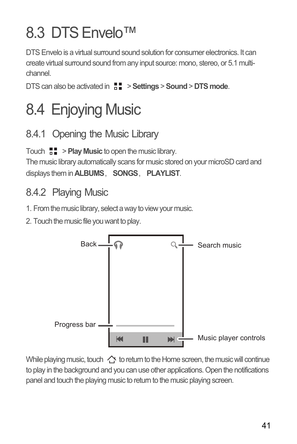3 dts envelo, 4 enjoying music, 1 opening the music library | 2 playing music, 3 dts envelo™ 8.4 enjoying music | Huawei H866C User Manual | Page 47 / 70
