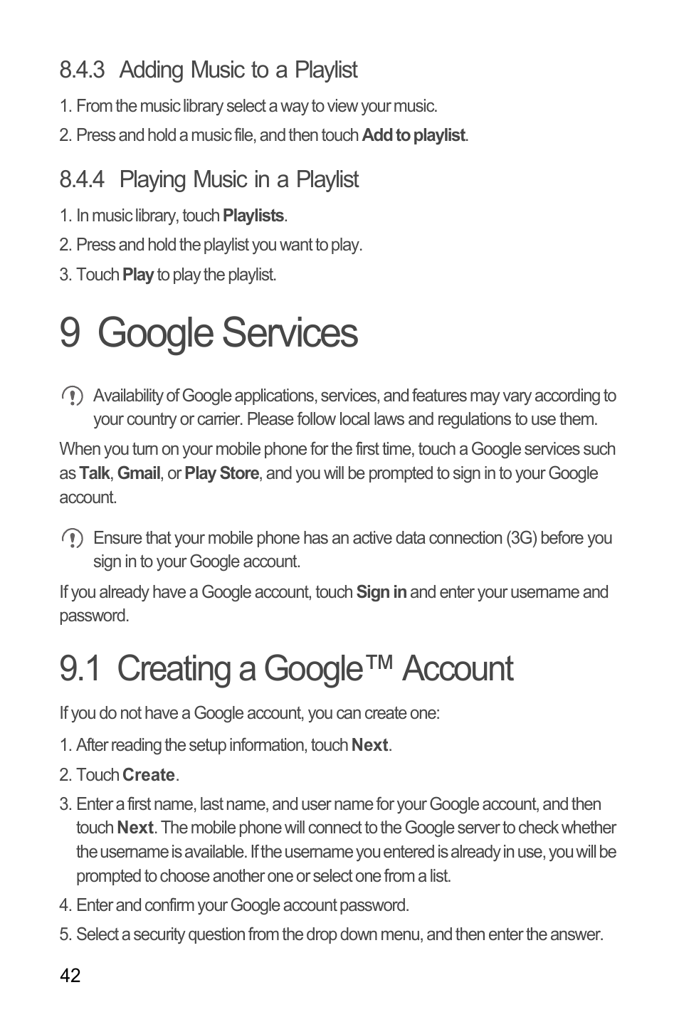 3 adding music to a playlist, 4 playing music in a playlist, 9 google services | 1 creating a google™ account | Huawei H866C User Manual | Page 48 / 70