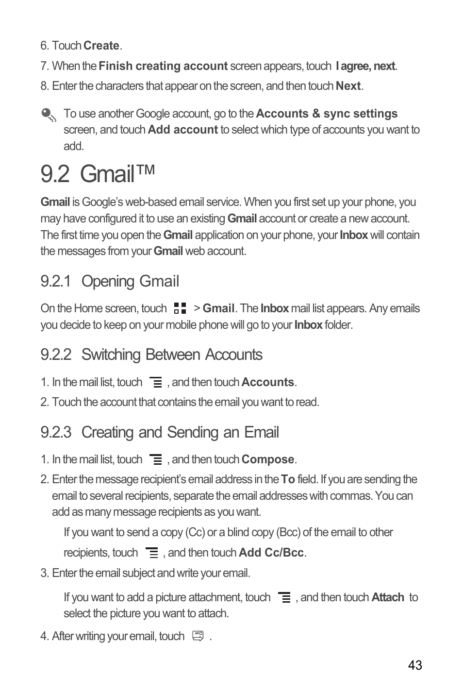 2 gmail, 1 opening gmail, 2 switching between accounts | 3 creating and sending an email | Huawei H866C User Manual | Page 49 / 70