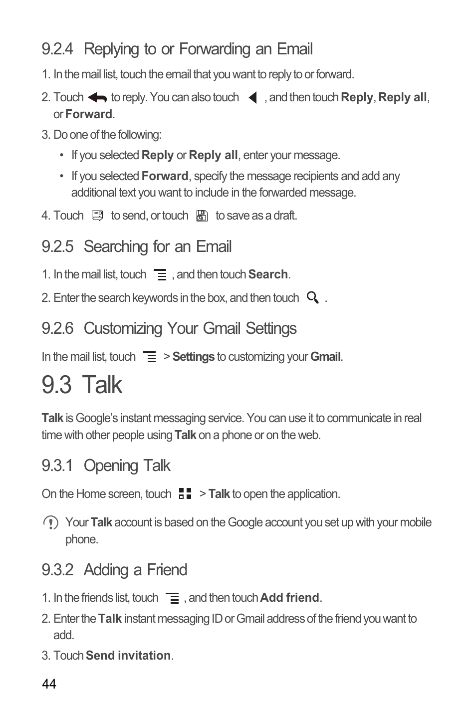 4 replying to or forwarding an email, 5 searching for an email, 6 customizing your gmail settings | 3 talk, 1 opening talk, 2 adding a friend | Huawei H866C User Manual | Page 50 / 70