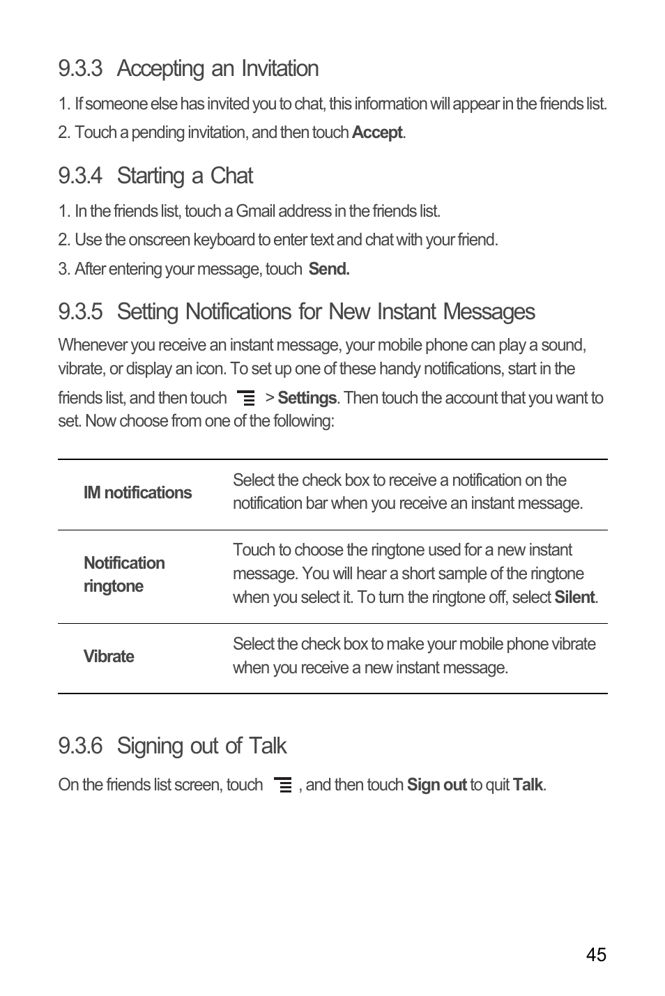 3 accepting an invitation, 4 starting a chat, 5 setting notifications for new instant messages | 6 signing out of talk | Huawei H866C User Manual | Page 51 / 70